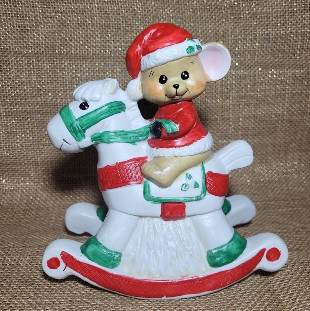 Vintage Porcelain Christmas Music Box Santa Mouse On Rocking‎ Horse